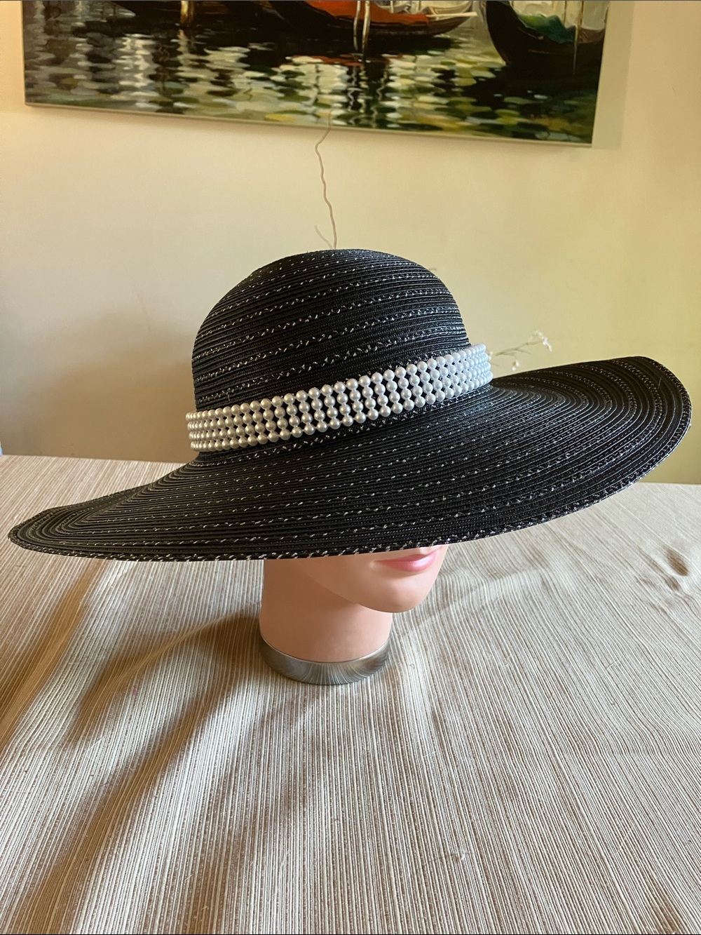Elegant Black And Metallic Silver Lining Wide-Brim Hat with Pearl Band